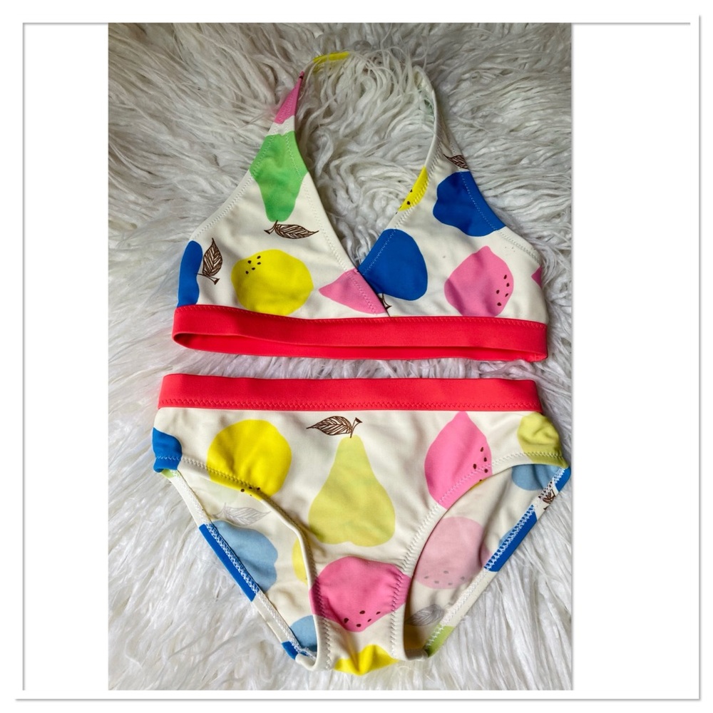 Mini Boden Fruit Print Bikini Swimsuit Red Pink Multicolour Size 5-6